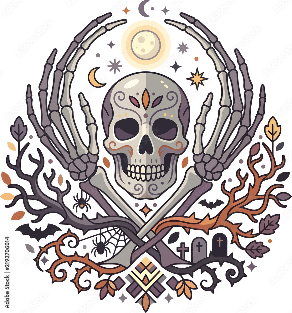 Fototapeta premium Spooky Halloween Illustration Featuring a Decorated Skull with Skeletal Hands, Moon, Stars, and Graveyard Elements, Gothic Occult Graphic Design Isolated on White Background for Creative Projects