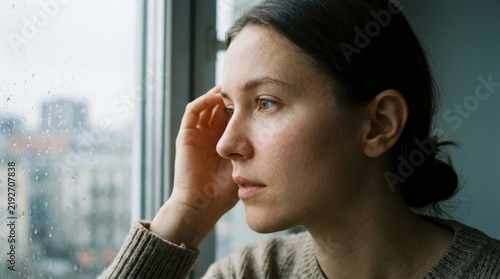 Sad young woman looking through a rainy window feeling lonely depressed and anxious while staying indoors during bad weather and storm outside
