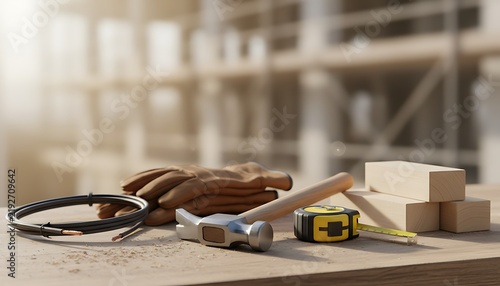 Classic claw hammer and carpentry tools resting on a wooden workbench with lumber