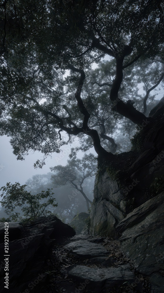 Fototapeta premium Misty mountain path winding through thick trees.