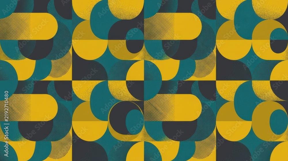 Seamless Geometric Pattern Retro Mid Century Modern Design Featuring Rounded Shapes and Halftone Textures in Vibrant Teal Yellow and Charcoal Gray