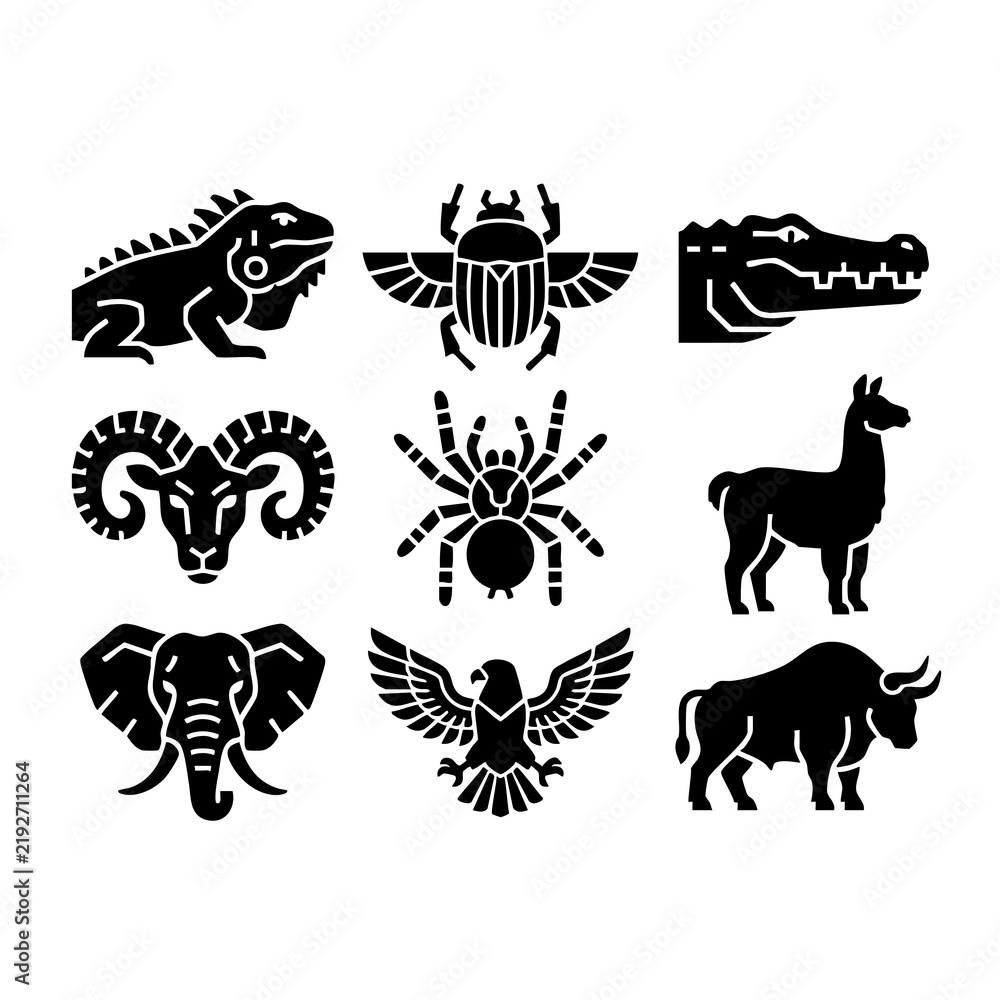 Obraz premium A collection of nine black animal glyphs including an iguana, scarab, alligator, ram, spider, llama, elephant, eagle, and bull.