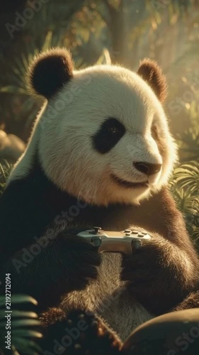 authentic human lifestyle concept Cinematic Portrait of a Cute Panda Gamer Playing Video Games with a Controller in a Sunlit Forest modern commercial stock usage