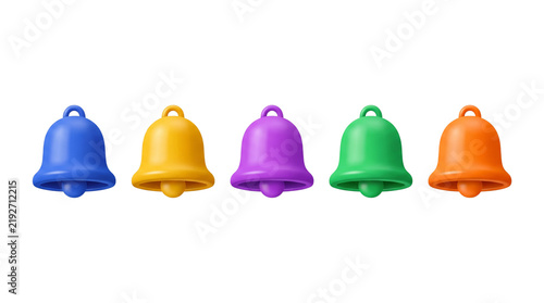 Five colorful 3D notification bell icons set in blue yellow purple green and orange isolated on white background for user interface design alerts