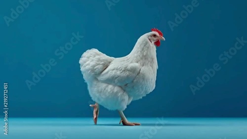 authentic human lifestyle concept White chicken walking across a clean blue background in a studio setting. Minimalist animal footage with copy space. modern commercial stock usage