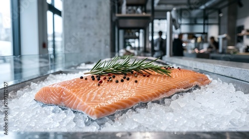 Fresh Salmon Fillet on Ice with Herbs and Black Pepper