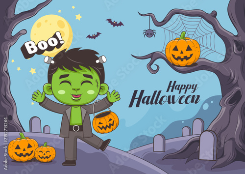 Cute Halloween line art illustration of a happy smiling boy wearing a green devil costume, with trees and pumpkins in a night scene, perfect for party decorations, greeting cards, and invitations.
