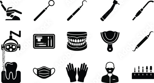 Set of black and white dental icons representing various medical equipment and professional oral health care tools