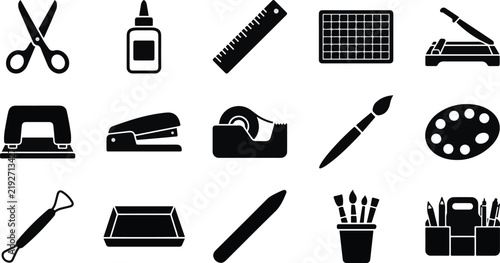 Set of black silhouette icons representing various school supplies office stationery and creative art craft tools