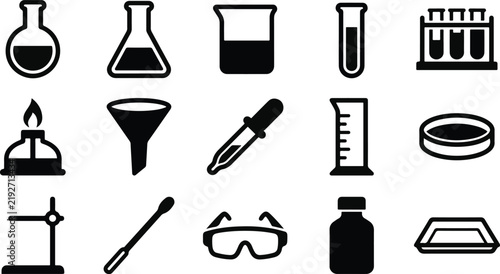 Set of black and white laboratory equipment icons representing scientific research and chemical experiments in a professional setting