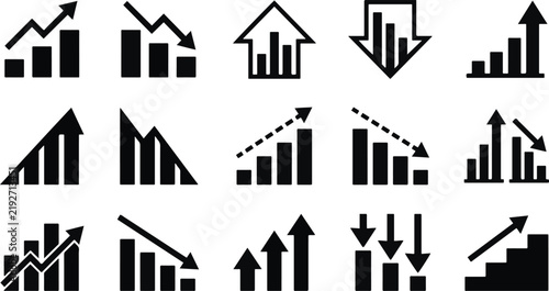 Set of black and white business bar chart icons representing growth decline and financial performance data analysis