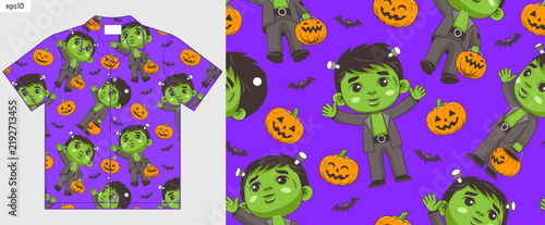 Halloween Hawaiian shirt mockup on a purple background with a cute boy in a green devil costume holding a pumpkin, fun clothing design for Halloween parties, fashion, and seasonal events.