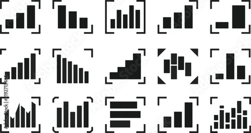 Set of various black bar chart icons isolated on a white background for business data analysis