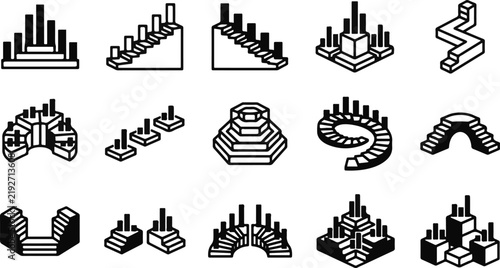 A collection of isometric vector icons showing various types of architectural stairs and steps for modern building design