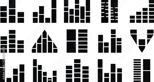 A collection of various black and white bar chart icons representing data visualization and statistical analysis concepts