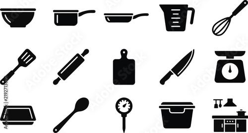 Set of black kitchen utensils and cooking equipment icons isolated on a white background for culinary design projects