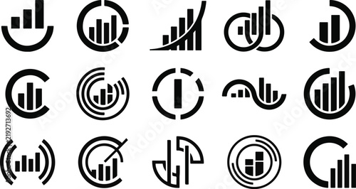 Set of fifteen black and white business graph and chart icons for financial data analysis and growth presentation