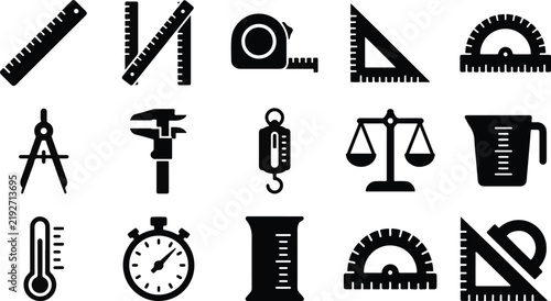 Set of black and white icons representing various scientific and mathematical measurement tools and laboratory equipment