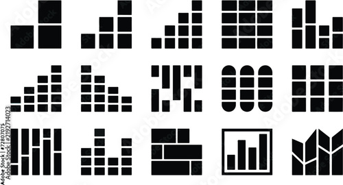 Set of black and white business infographic bar chart icons for data visualization and financial report analysis