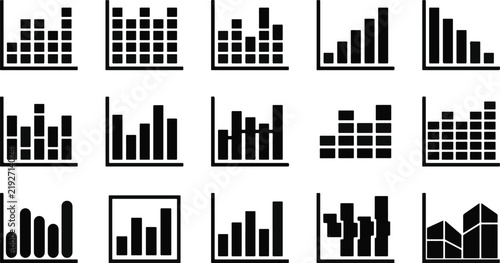 A collection of various black and white bar graph icons representing business data analysis and financial statistics