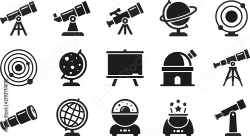 Set of black and white astronomy and space exploration icons featuring telescopes globes and observatory buildings