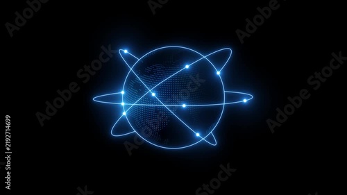 Digital earth globe with rotating orbital rings and glowing data network connections technology