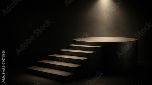 Spotlight illuminates a circular stage with an ascending staircase. Podium for product display. Mockup for fashion product design. Black Friday big sale concept. Online shopping and discount