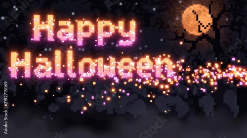 Happy Halloween glowing pixel art text with a full moon, spooky tree, sparkling particles, and mist in a dark night scene.