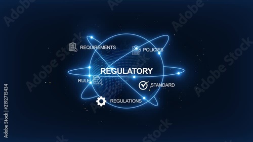 Regulatory compliance and global standards digital concept with glowing hud interface and data network animation