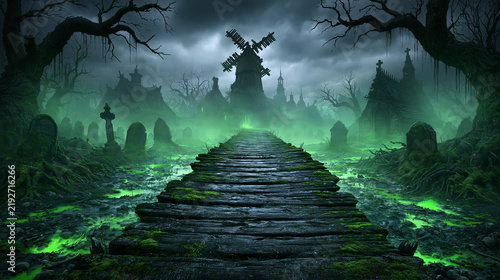 Medieval plague swamp with abandoned village, sunken chapel and glowing green marsh