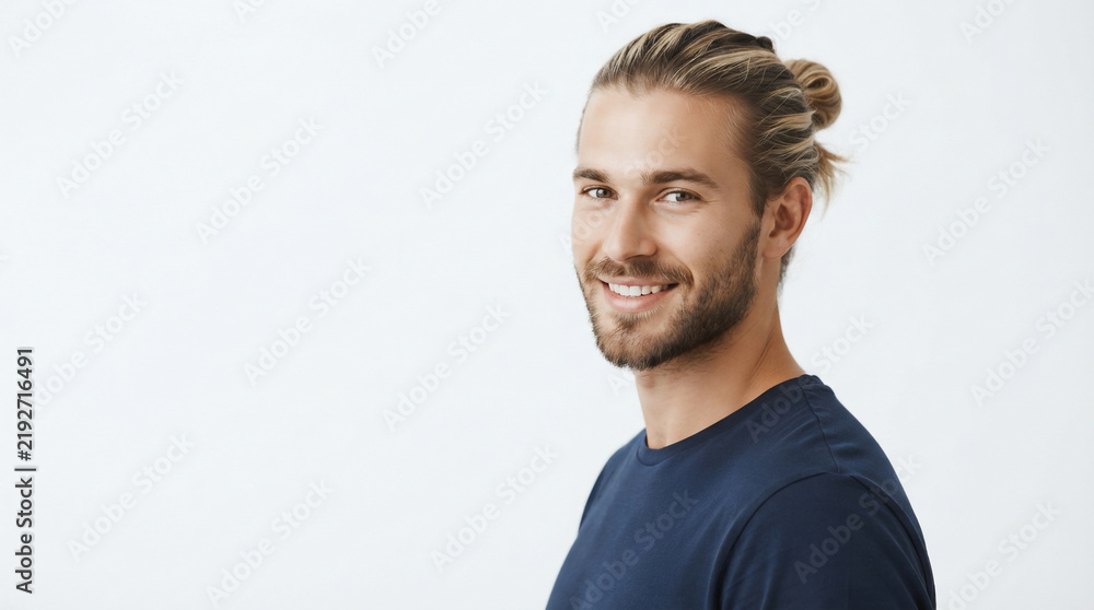 Fototapeta premium Handsome Caucasian Man with Man Bun Hairstyle and Friendly Smile Isolated on White