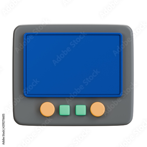 3D model of a digital power meter monitor screen with control buttons isolated on black background, representing electricity consumption and energy management.