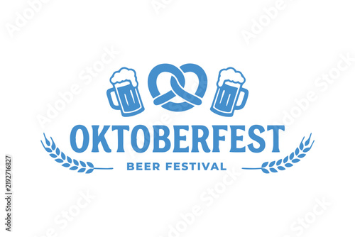 Oktoberfest Beer Festival Blue Logo Vector Design with Pretzel and Beer Mug Icons on White Background