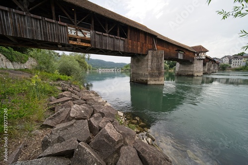 The old wooden bridge in europe over the Rhine river connects Germany (Bad Säckingen) and Switzerland (Stein). 