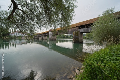 The old wooden bridge in europe over the Rhine river connects Germany (Bad Säckingen) and Switzerland (Stein). 