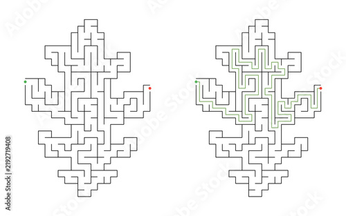 Oak leaf shaped maze puzzle with start and finish points
