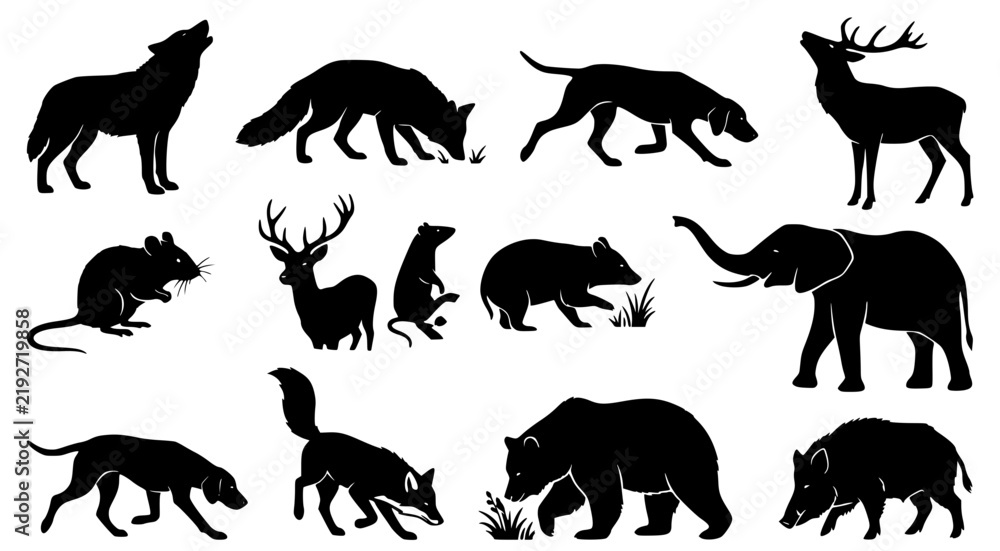 Fototapeta premium Assorted wild animal silhouettes including wolf fox deer elephant bear and wild boar isolated on white background for nature-themed graphic design and wildlife conservation educational projects