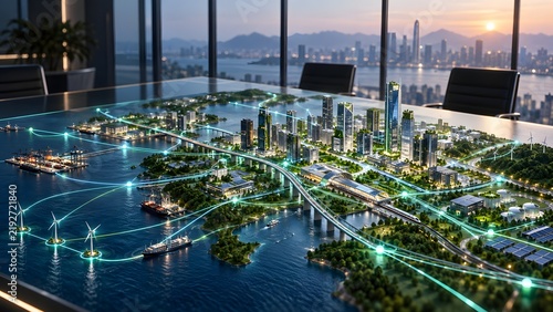 Futuristic smart city architectural model on a boardroom table demonstrating sustainable energy grids and digital urban planning