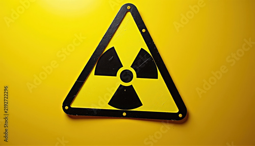 Radiation warning sign on bright yellow background, triangular shape with black edges and symbol in center. Radiation warning sign conveys alertness and safety precautions for hazardous materials.
