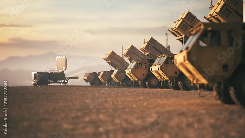 Patriot Air Defense Missile Systems in Formation at Sunset