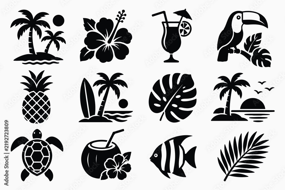 Obraz premium Tropical Island Icons Collection Vector Silhouette.