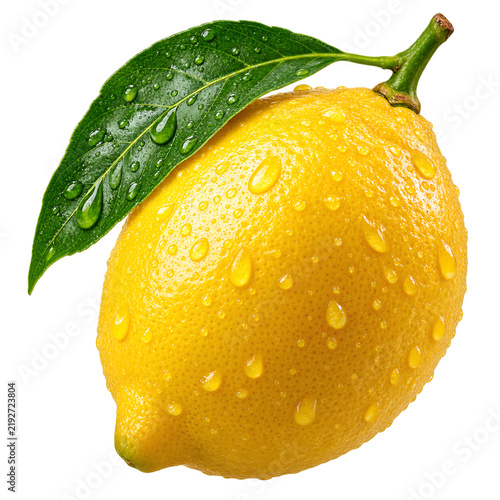 Fresh whole lemon with green leaf covered in water droplets against a white background citrus fruit yellow fruit raw food freshness