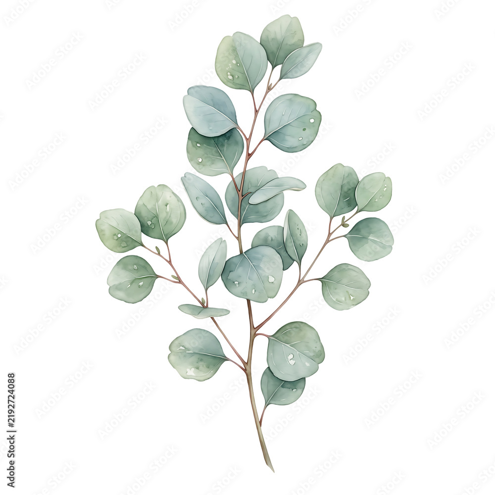 Obraz premium Eucalyptus branch with green leaves and buds in watercolor style for botanical design