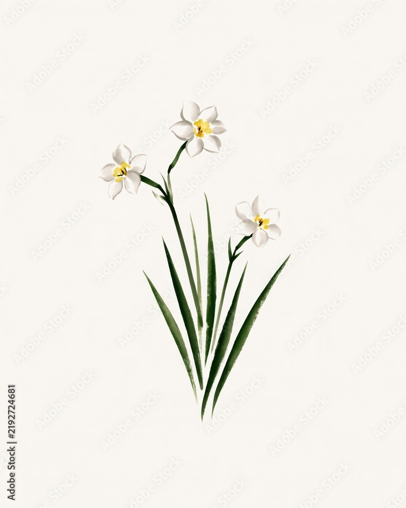 Fototapeta premium White Narcissus Flowers in Refined East Asian Ink and Watercolor Painting