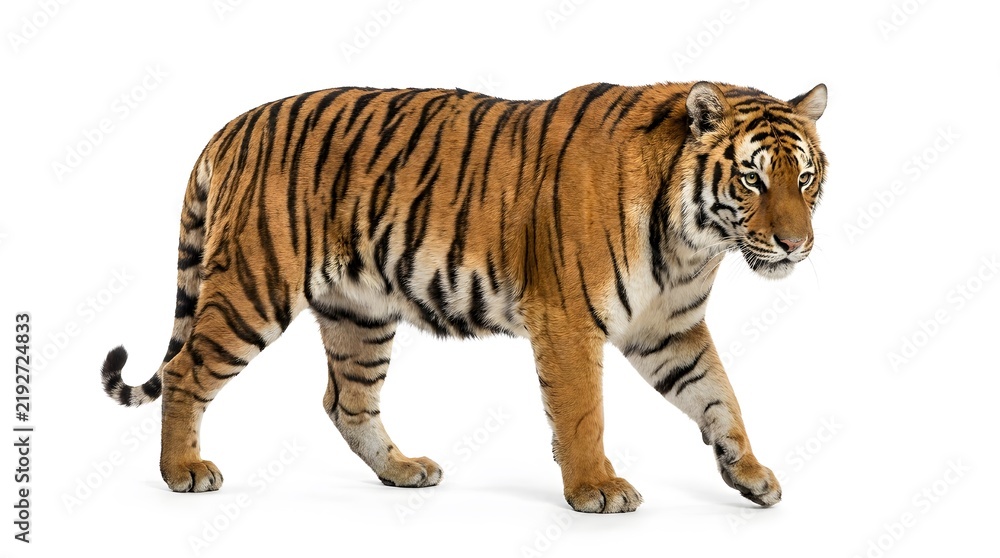 Fototapeta premium Majestic tiger walking isolated on a white background