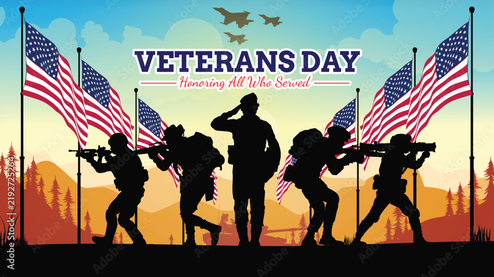 Obraz premium Veteran's day silhouette vector illustration with american flag and soldiers.