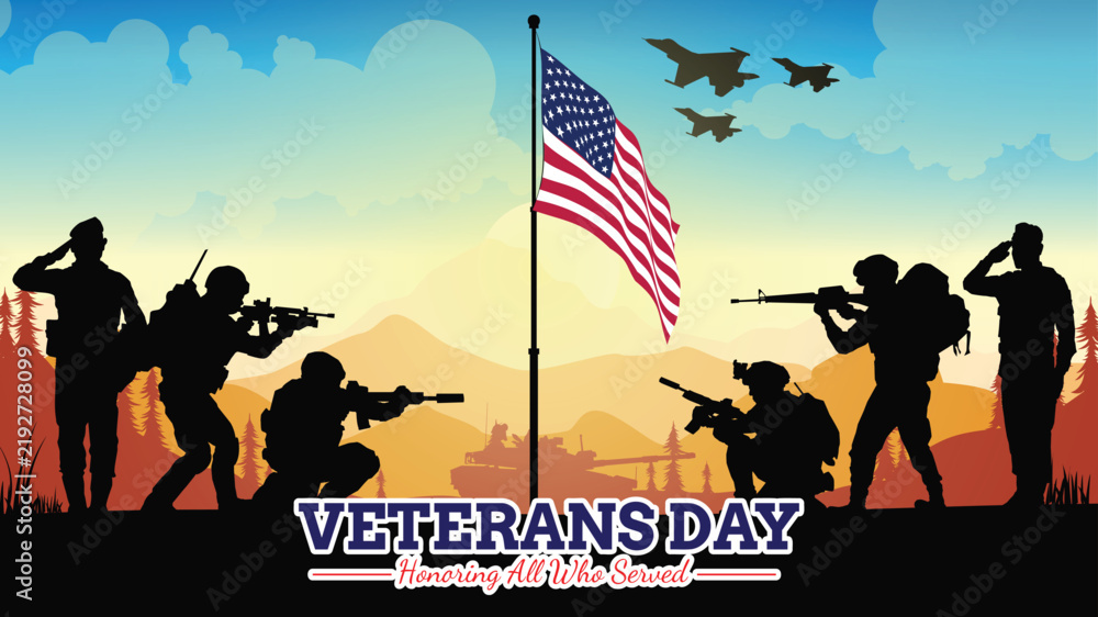 Fototapeta premium Veteran's day silhouette vector illustration with american flag and soldiers. 