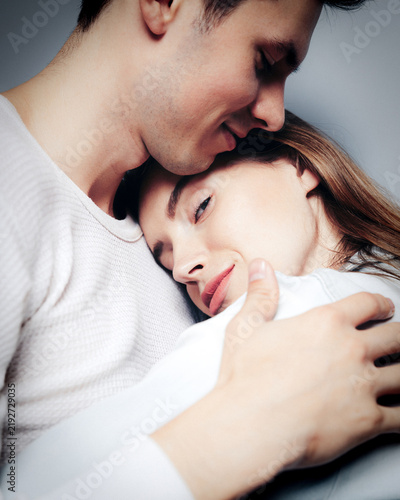Love. Young couple hugs, have fun and vibing together , polaroid film style. Togetherness, family, relationship