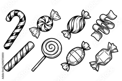 Hand drawn vintage Christmas and holiday candies collection with candy cane, lollipop, and wrapped sweets sketch set