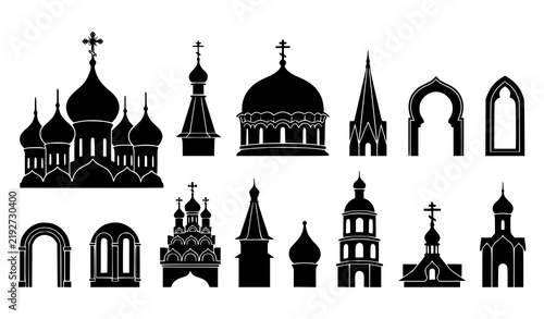 Historic Eastern European Church Architecture Black Silhouette Vector Collection